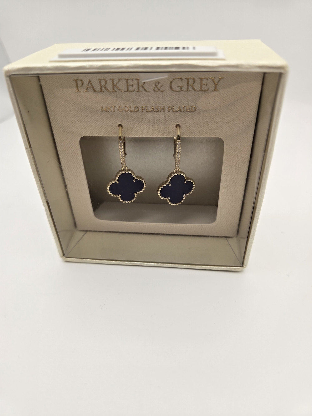 NIB Parker & Grey 14kt Gold-Plated Navy Inlay Clover Drop Earrings CZ Accents